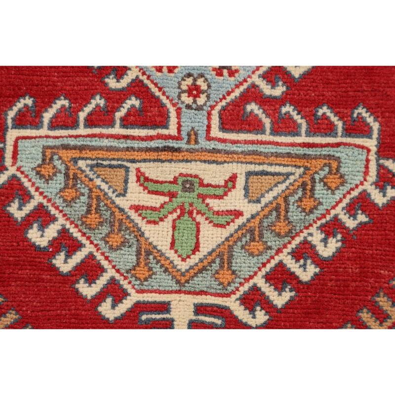 Geometric Red Kazak Oriental Accent Rug Handmade Foyer Wool Carpet - 2'7" x 3'10"
