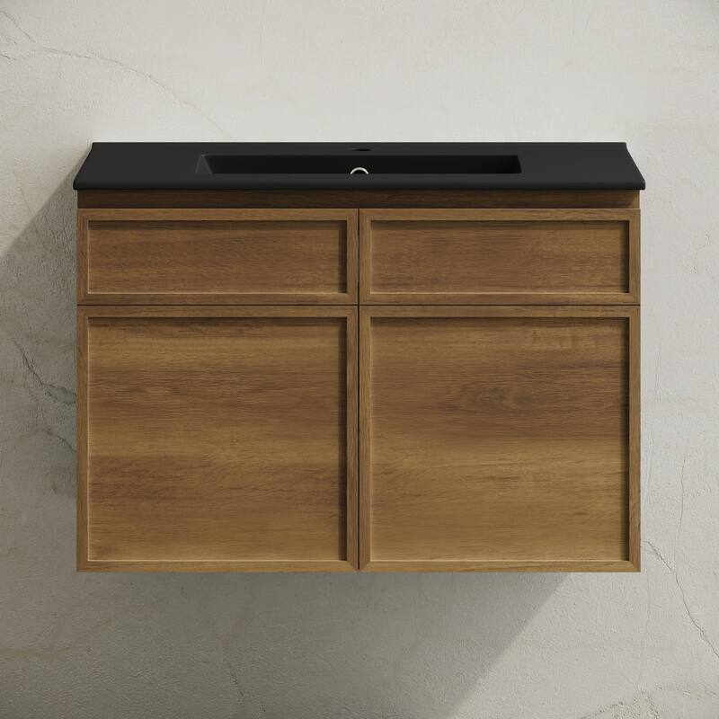 St. Tropez 30" Wall-Mounted Bathroom Vanity In Brown Oak With Black Sink Top - 30