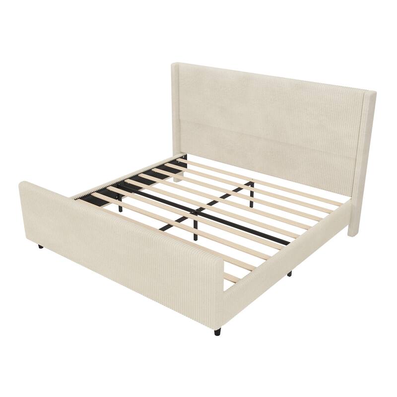 50.7" High Headboard Corduroy Bed Frame with Vertical Stripe Wingback & High Footboard