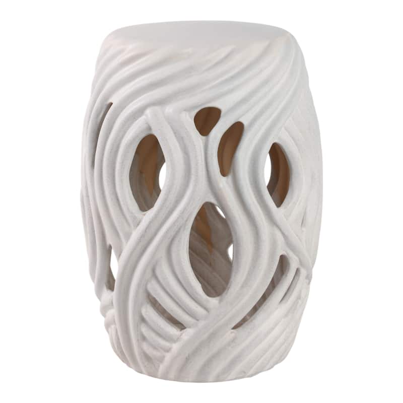 Ceramic Garden Stool Openwork Wave Design for Home Office - 19" White