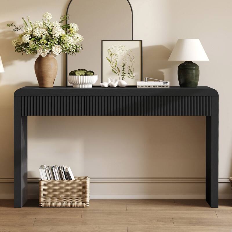 Rustic 52.9" Console Table with 3 Fluted Drawers and Solid Wood Veneer for Entryway Display and Storage - Black