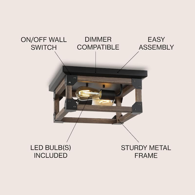 Frisco 13" 2-Light Iron Rustic Farmhouse LED Flush Mount, Brown/Black by JONATHAN Y