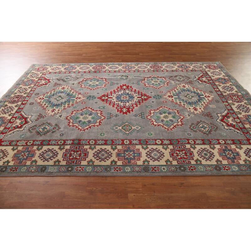 Gray Geometric Kazak Oriental Area Rug Hand-Knotted Wool Carpet - 6'10"x 9'11"