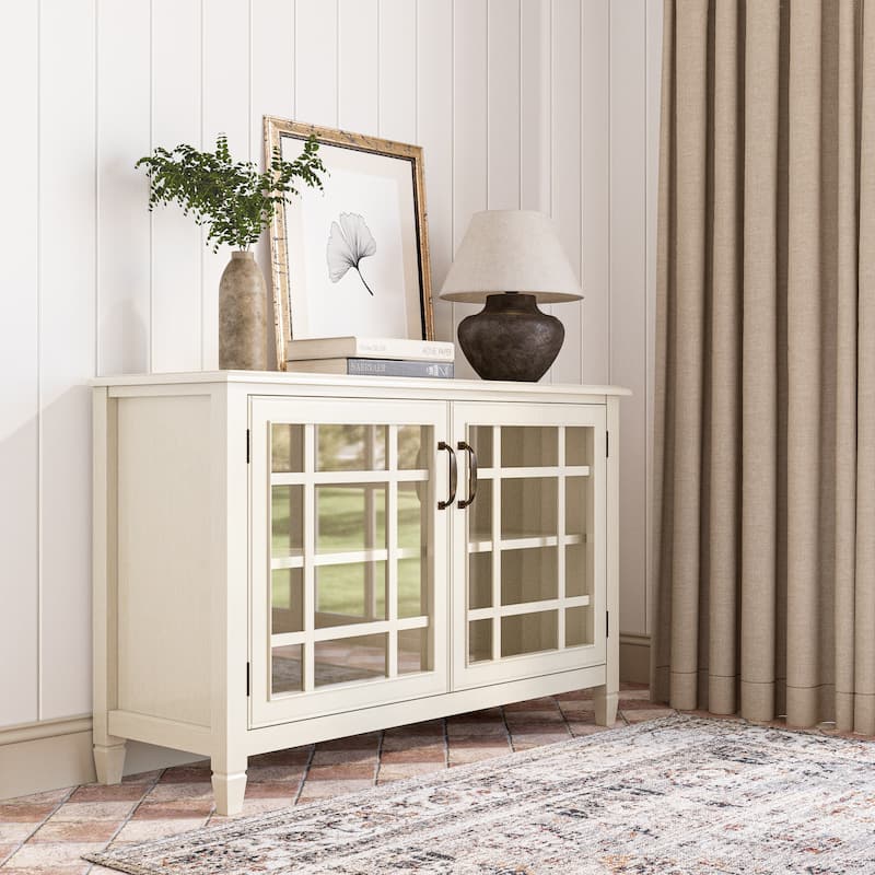WYNDENHALL Hampshire SOLID WOOD 46 inch Wide Traditional Low Storage Cabinet - 46"w x 17"d x 31" h - Antique White