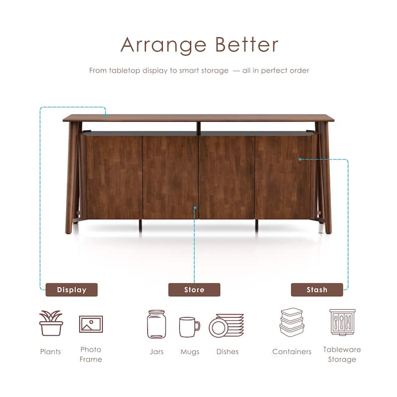 Furniture of America Abigail IV Mid-Century Modern Walnut Solid Wood Dining Sideboard with Hidden Drawers