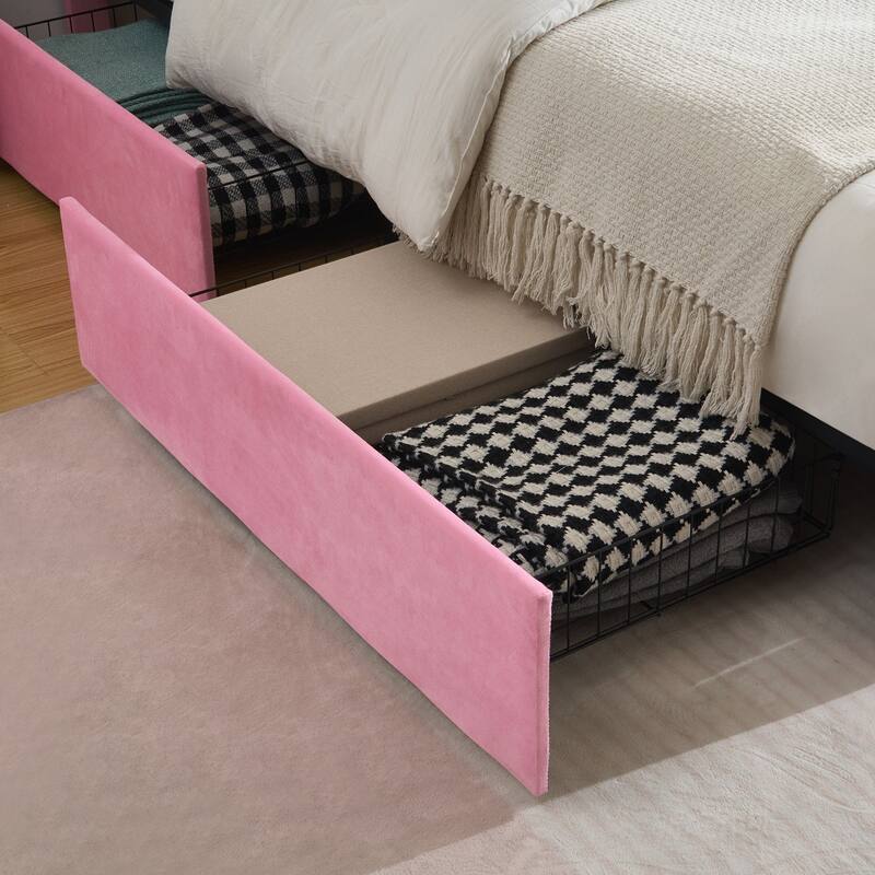 Modern Upholstered Bed Frame with 4 Storage Drawers, Platform Fabric Bed with Button Tufted Headboard