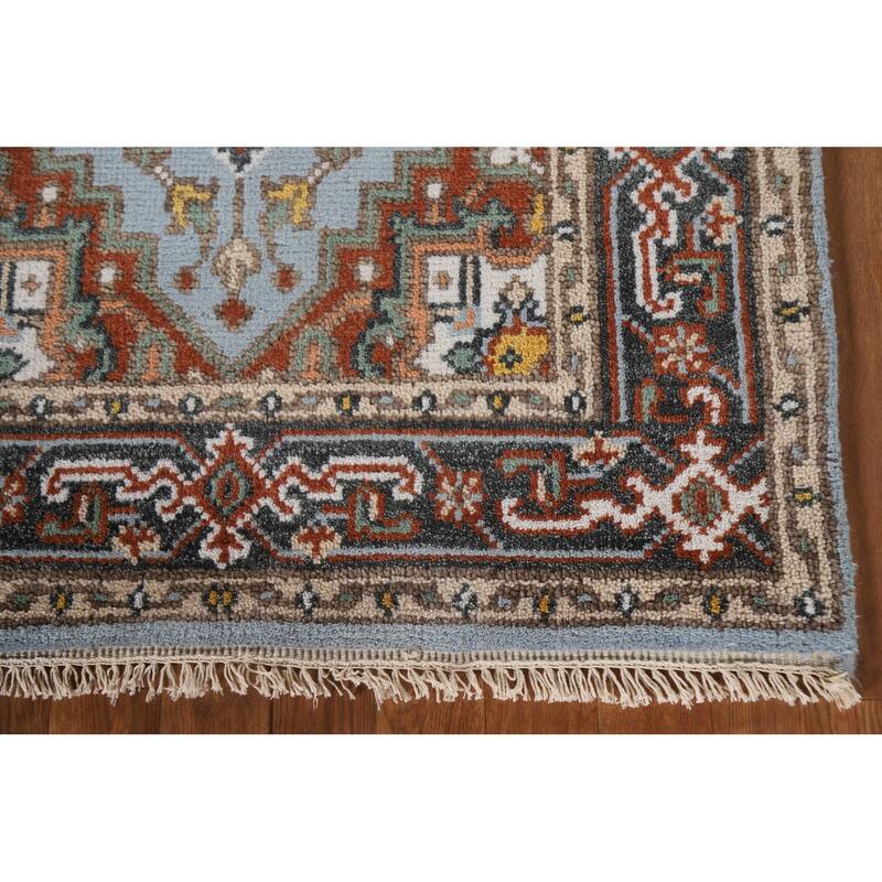 Light Blue Geometric Heriz Indian Area Rug Handmade Wool Carpet - 3'2"x 4'11"