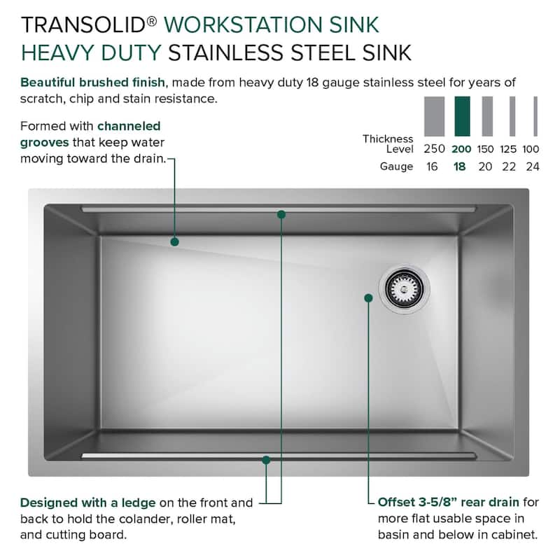 Transolid KWSSU331910 33-in X 19-in X 10-in 18-Gauge Undermount Stainless Steel Kitchen Workstation Sink