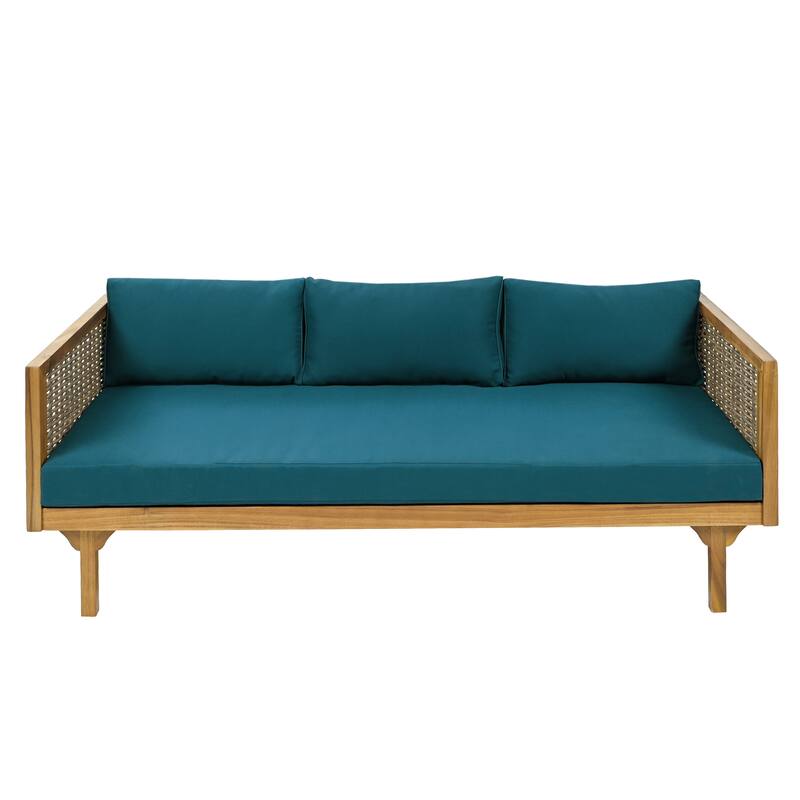Acacia Wood Daybed with Rattan Arms Slat Paneling and Water Resistant Cushions