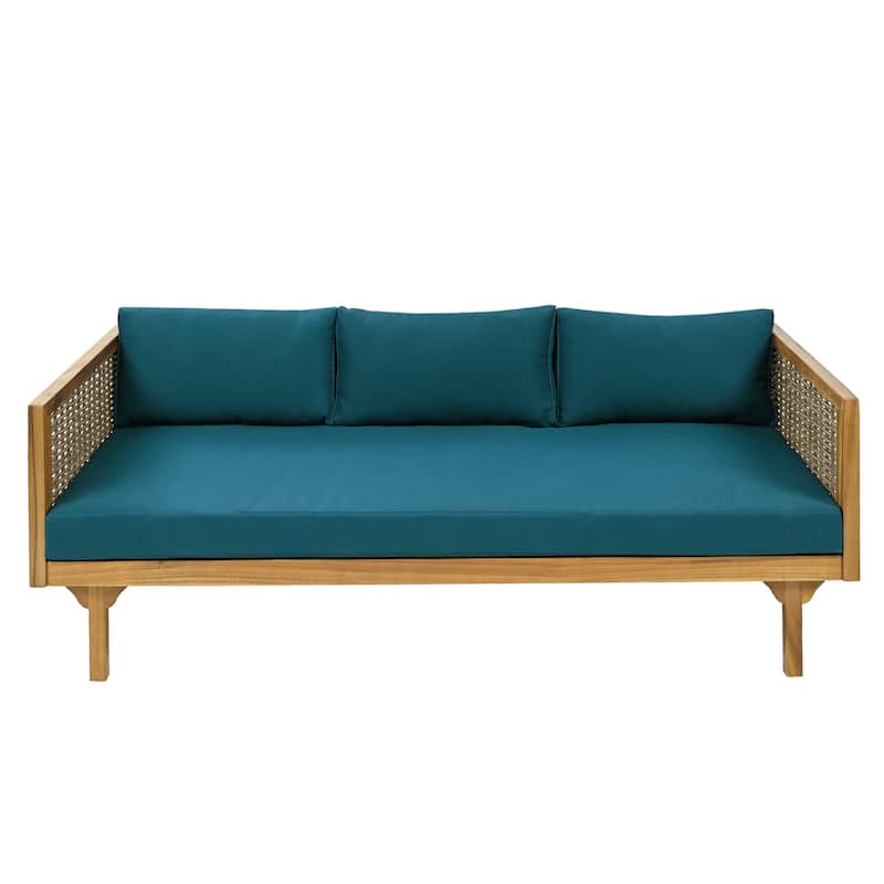 Roomfitters 3 Seater Wooden Patio Sofa, Wicker Panel Design, Modern Daybed with Weather-Resistant Cushions