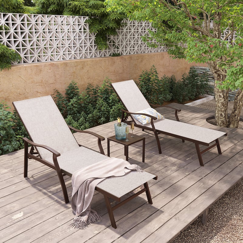 Outdoor Chaise Lounge Chair Reclining Sunlounger Set with Side Table - Set of 3