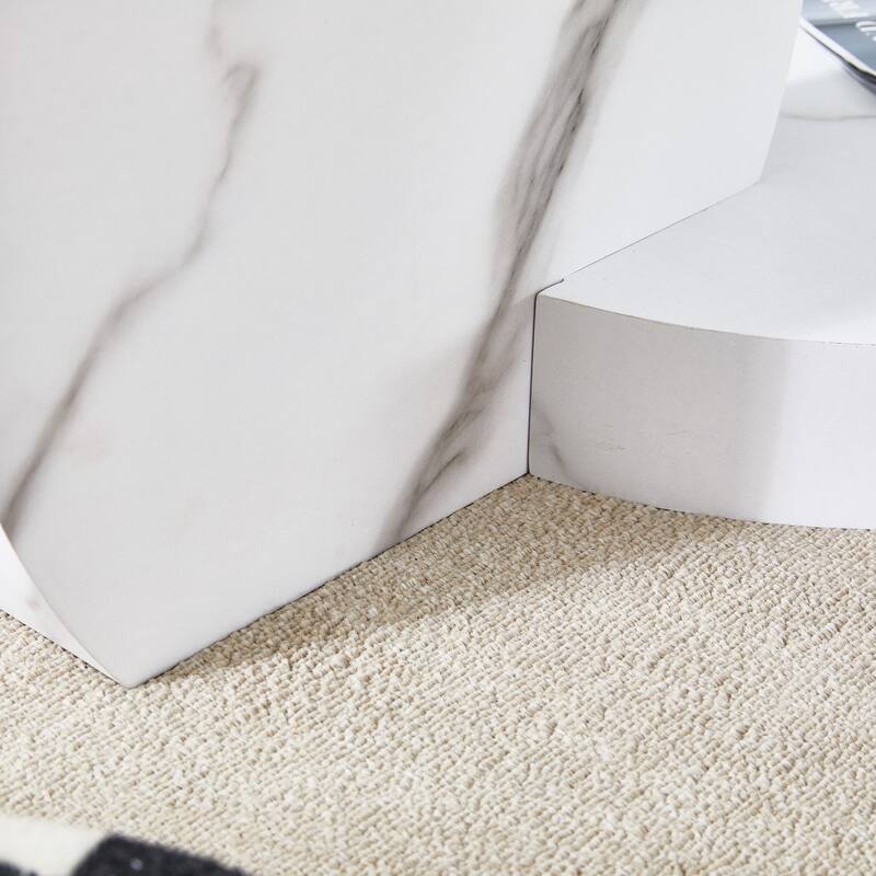 Roomfitters Double Layer Coffee Table with White Marble and Wood Grain Finish, Artistic Modern Design