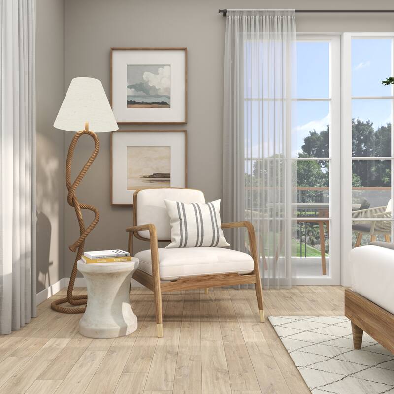 Jute Rope Twisted Rope Floor Lamp with Cream Linen Shade - Brown - Roche River Decor