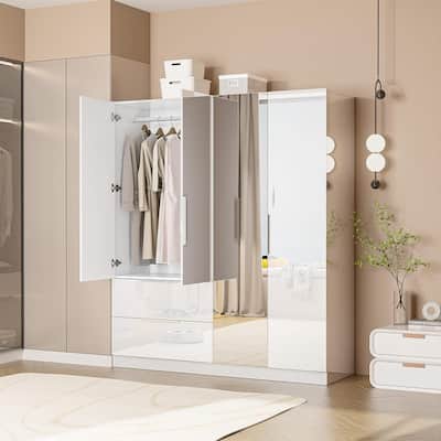 Armoire 4 Doors 2 Drawers with Full-length Mirror Door with High Gloss Paint