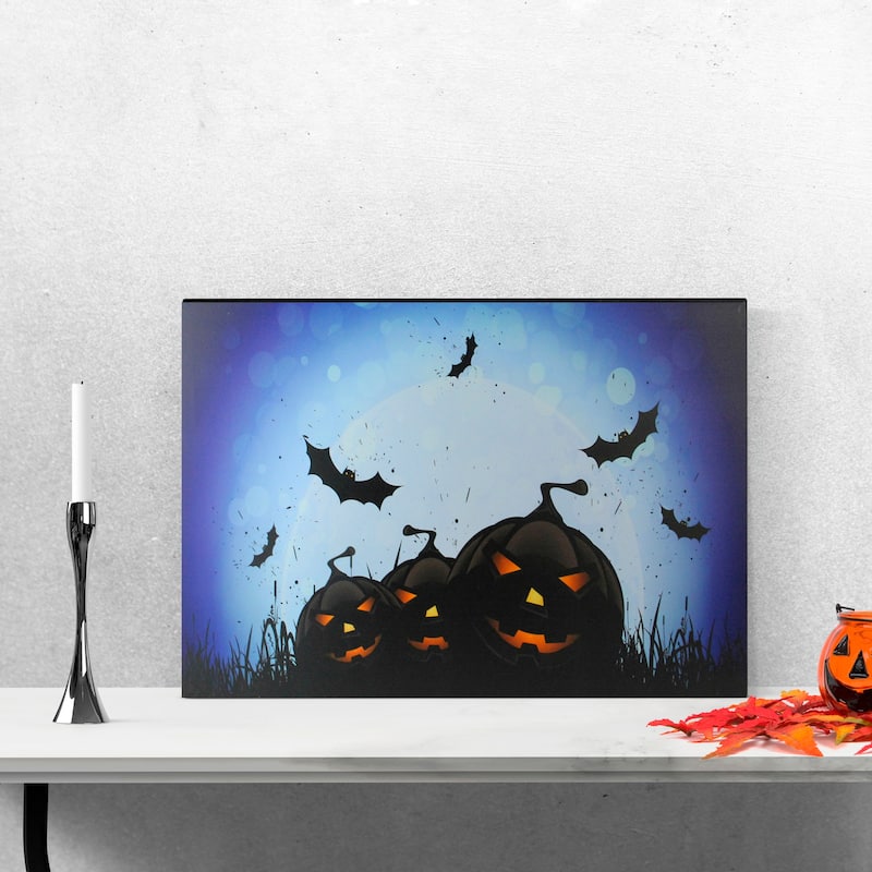 LED Lighted Jack-O-Lanterns Bats Halloween Canvas Wall Art 23.5 x 15.5