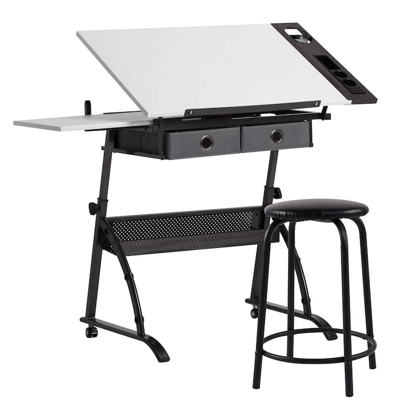 Core Craft Center, 2 piece Drawing, Drafting and Craft Table with Stool, Gunmetal-Gray/White - White