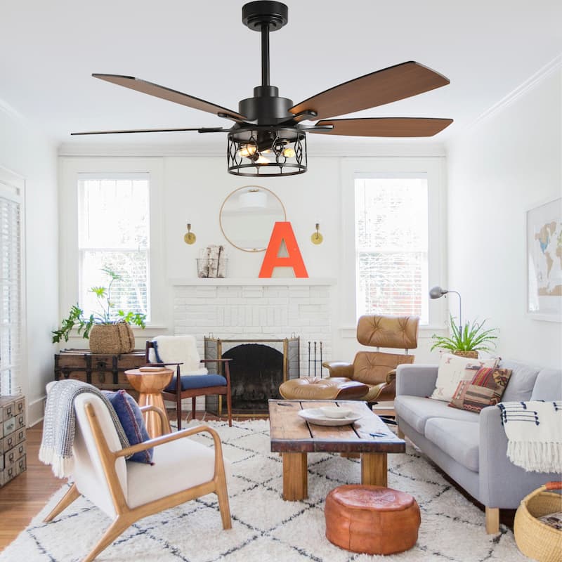 Cusp Barn 52 Inch Industrial Caged Ceiling Fan with Light and Remote, Farmhouse Quiet DC Motor Reversible Chandelier Ceiling Fan