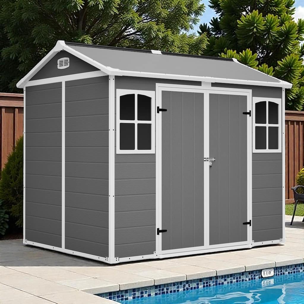 8x6 ft Plastic Utility Storage Shed with Floor, Lockable Garden Tool Shed for Backyard and Trash Bins