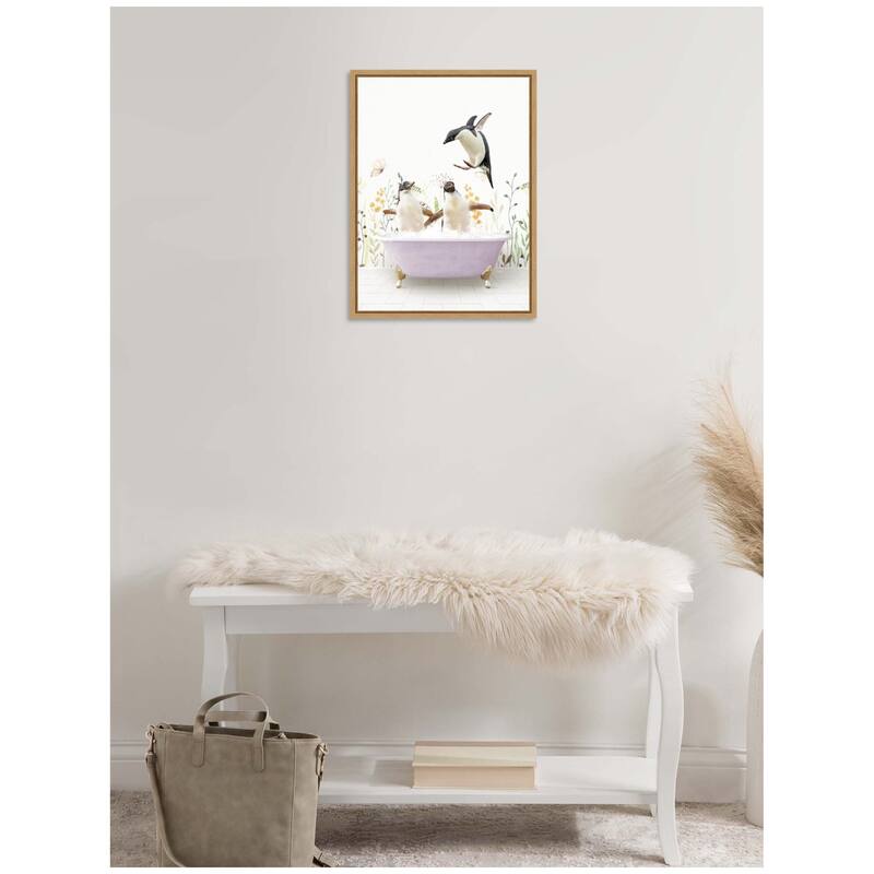Kate and Laurel Sylvie Penguins in Spring Bathtub Framed Canvas by Amy Peterson