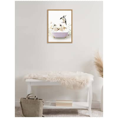 Kate and Laurel Sylvie Penguins in Spring Bathtub Framed Canvas by Amy Peterson