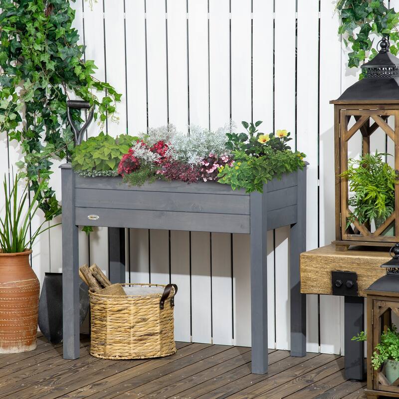 Elevated Wooden Planter Box Self-Draining Planter Box with Bed Liner and Draining Slats for Patio Balcony Backyard - Grey