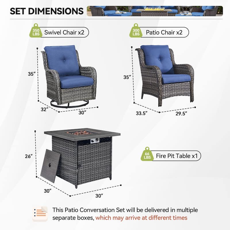 Gymojoy 5-Piece Outdoor Furniture Conversation Set, 2 Swivel Chairs, 2 Patio Chairs & 55K BTU Fire Pit Table
