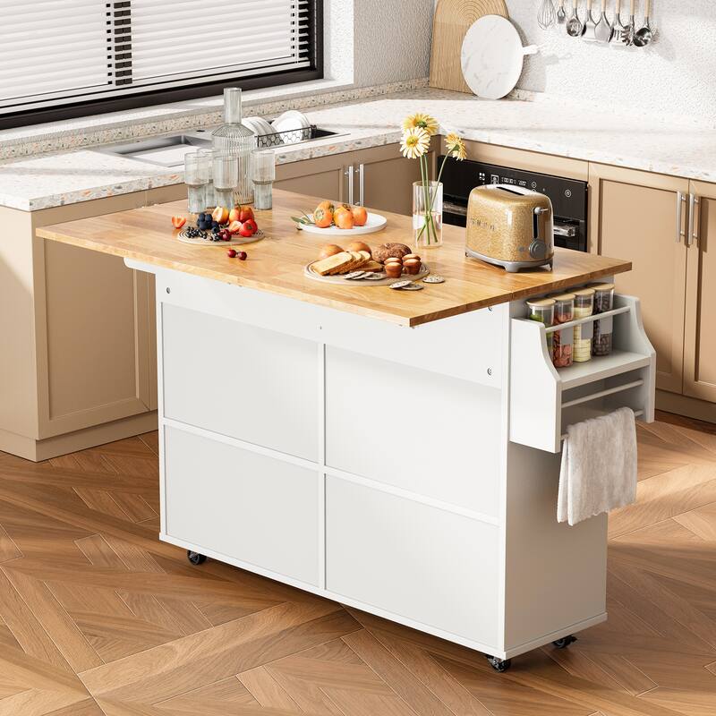 EROMMY 52" Large Kitchen Island Cart with Drop Leaf, 2 Drawers, Storage Cabinets, Rolling Mobile Island