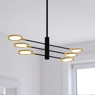 Cullerto 6L Matte Black and Gold Contemporary LED Pendant Light Adjustable Arms - 34.75-in W x 16.5-in H x 34.75-in D
