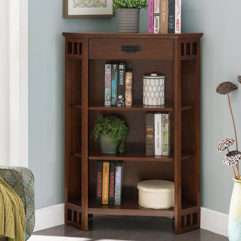 Leick Home Mantel Height 3-Shelf Corner Bookcase with Drawer Storage - Mission Oak