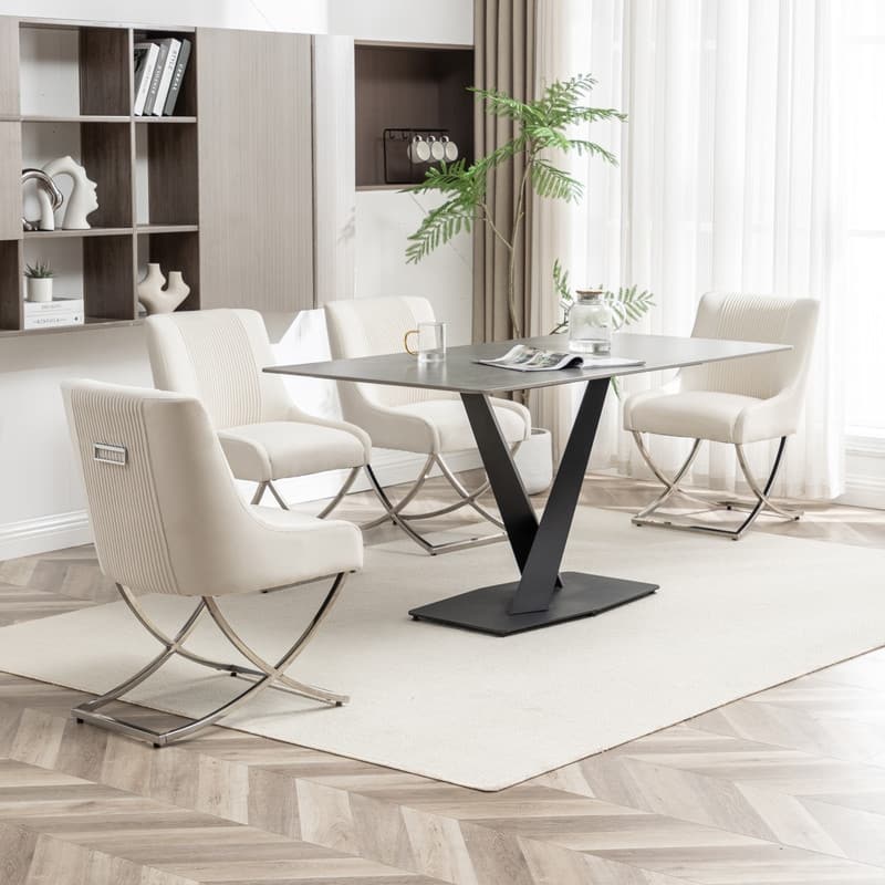 Modern Contempoary Velvet Dining Chair Set of 4 with Metal Frame Legs and Back Pull