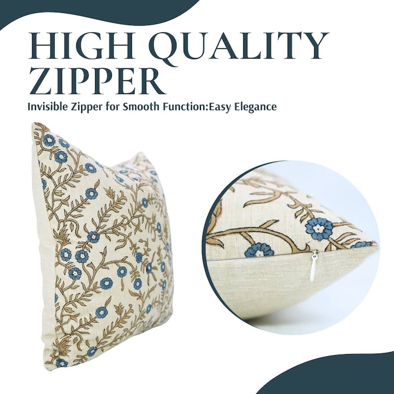 Fabdivine Handmade 26x26 Inch Flower Pillow Cover for Boho Bed or Sofa Square Blue Linen Fall Décor Cushioncase, Shehjan
