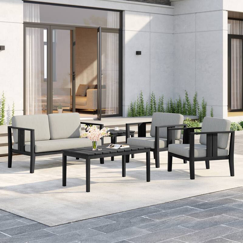 5-Piece Patio Furniture Solid Teak Outdoor Conversation Set - Light Camel - Blackframe