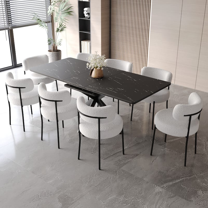 Modern Dining Set with Rectangular Extendable Table & Curved Backrest Round Chairs - 9-Piece Sets - Black White