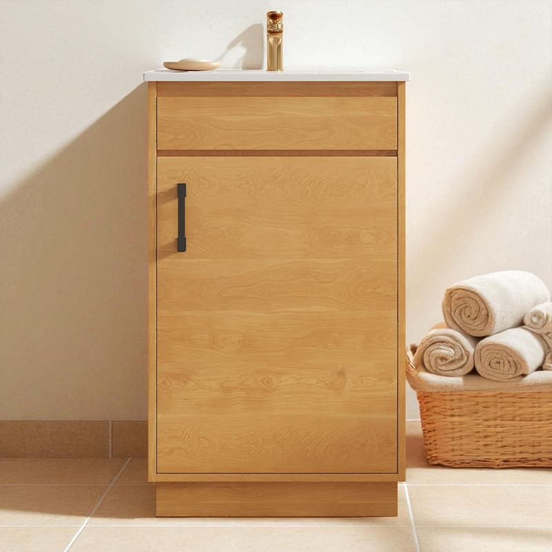 20" Farmhouse Bathroom Vanity with Ceramic Sink, Soft-Close Door, Adjustable Shelf and Freestanding Cabinet - Natural Wood