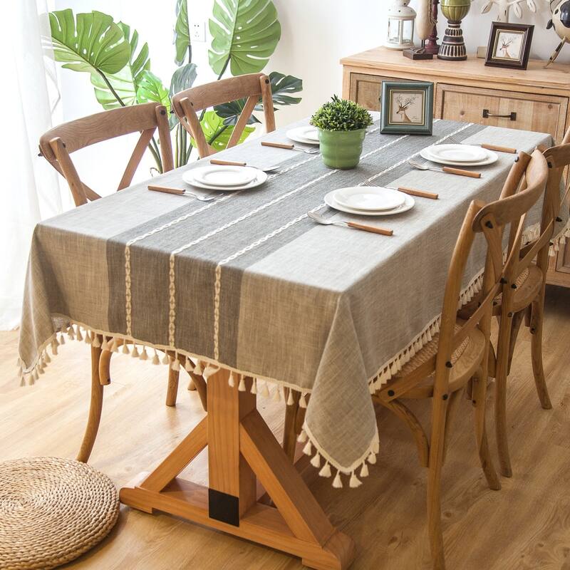 Enova Home 54"x 78" High Quality Rectangle Cotton and Linen Tablecloth with Tassels - Light Grey