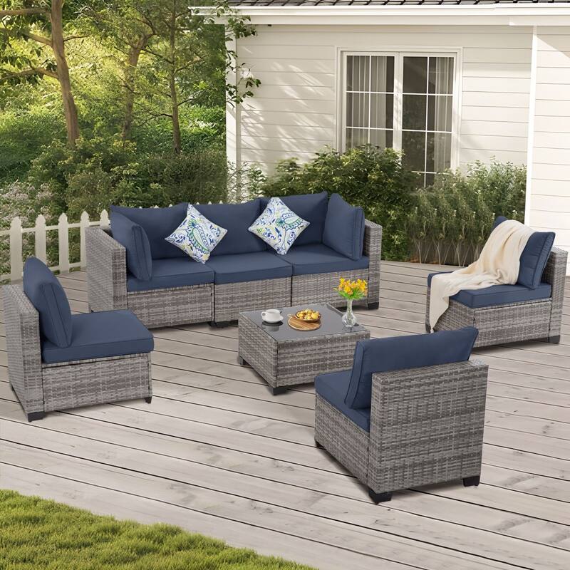 7-Piece Wicker Patio Conversation Set with Cushions,6 Sofas, 1 Table
