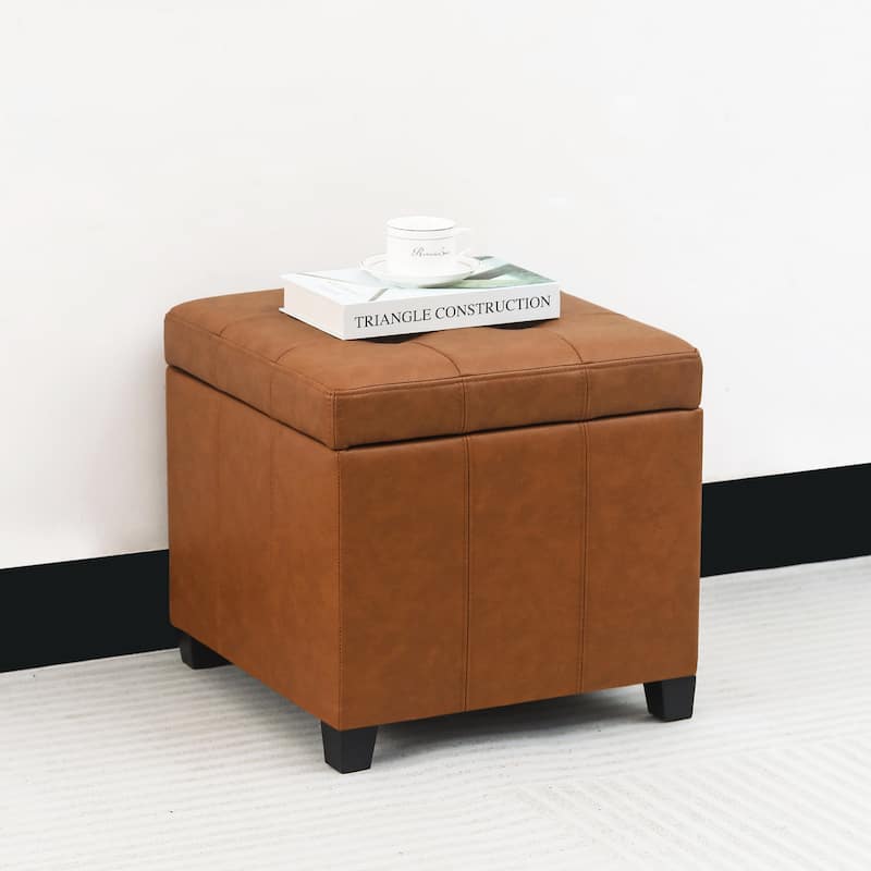 Adeco Storage Ottoman 18" Faux Leather Storage Cube with Stitching