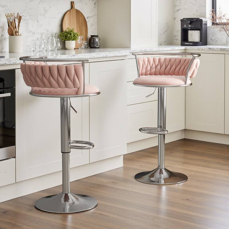 Set of 2 Velvet Adjustable Swivel Bar Stools - Silver/Pink