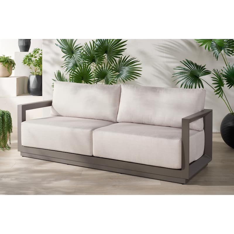 SAFAVIEH COUTURE Donaldo Aluminum Outdoor Sofa - 82"W x 30"D x 24"H - Dark Grey/Beige