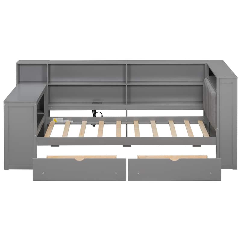 Wood Daybed Platform Bed Multifunctional Bed Frame with Charging Station and LED Light, Upholstered Headboard, Storage Shelves
