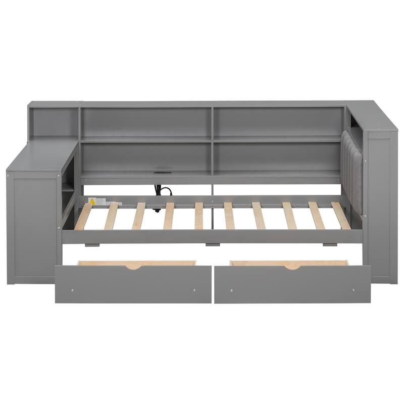 Wood Daybed Twin Size Platform Bed with Storage Shelves, Drawers, Charging Station, Desk, LED and Upholstered Cushion Headboard