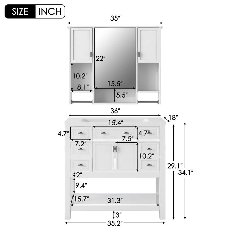 36'' Bathroom Vanity Set with Mirror Cabinet, Freestanding Bathroom Storage Cabinet with 2 Soft Close Doors and 6 Drawers