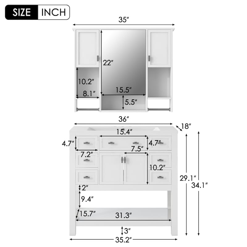 Bathroom Furniture Set of 2 - Vanity Cabinet with 6 Drawers and Open Shelf, Mirror Cabinet with 2 Towels Bars and 3 Open Shelves