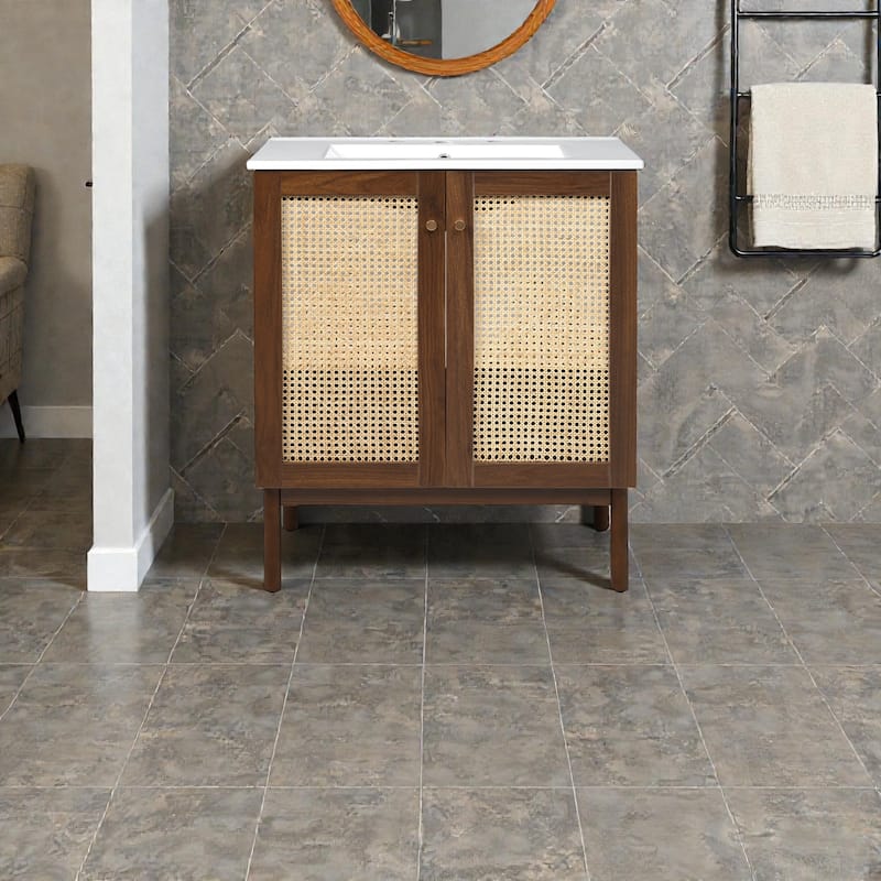 30 Inch Bathroom Vanity with Handwoven Bamboo Doors, Ceramic Sink, Soft Close Freestanding MDF Cabinet