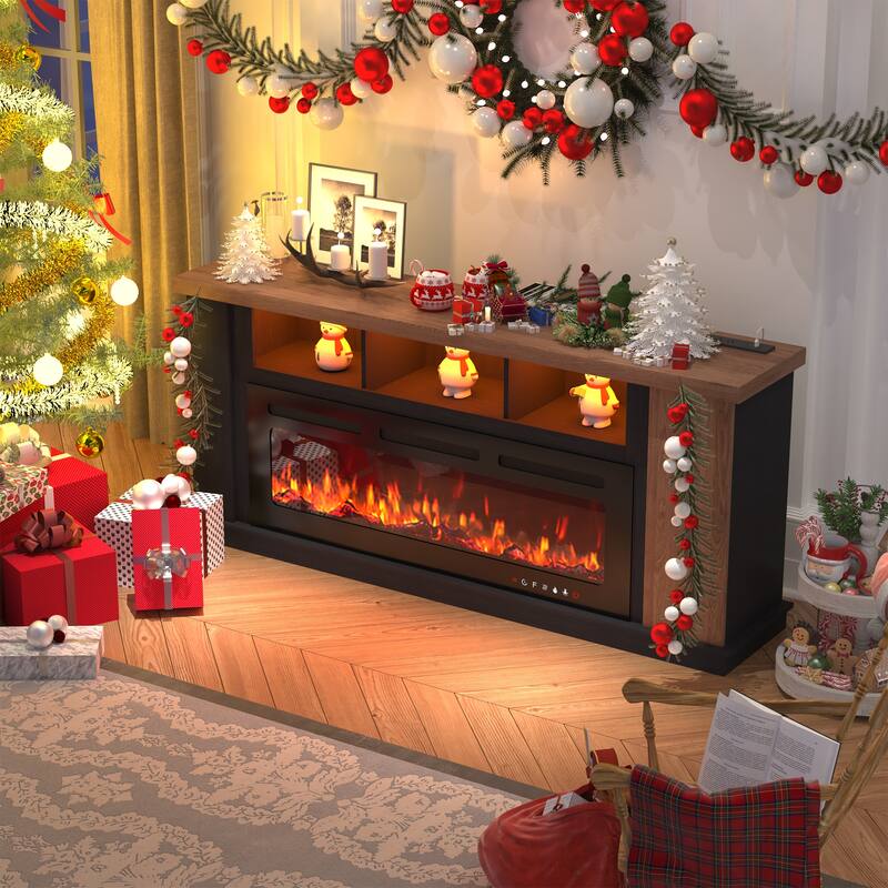 Traditional 70" TV Stand with 50" Electric Fireplace, Light Strips, Sockets, Open Shelves, and Cabinets for TVs up to 80" - Premium