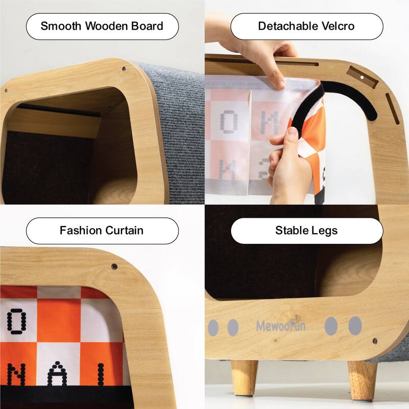 Wooden TV-Shaped Cat Bed, Cat House with Cushion