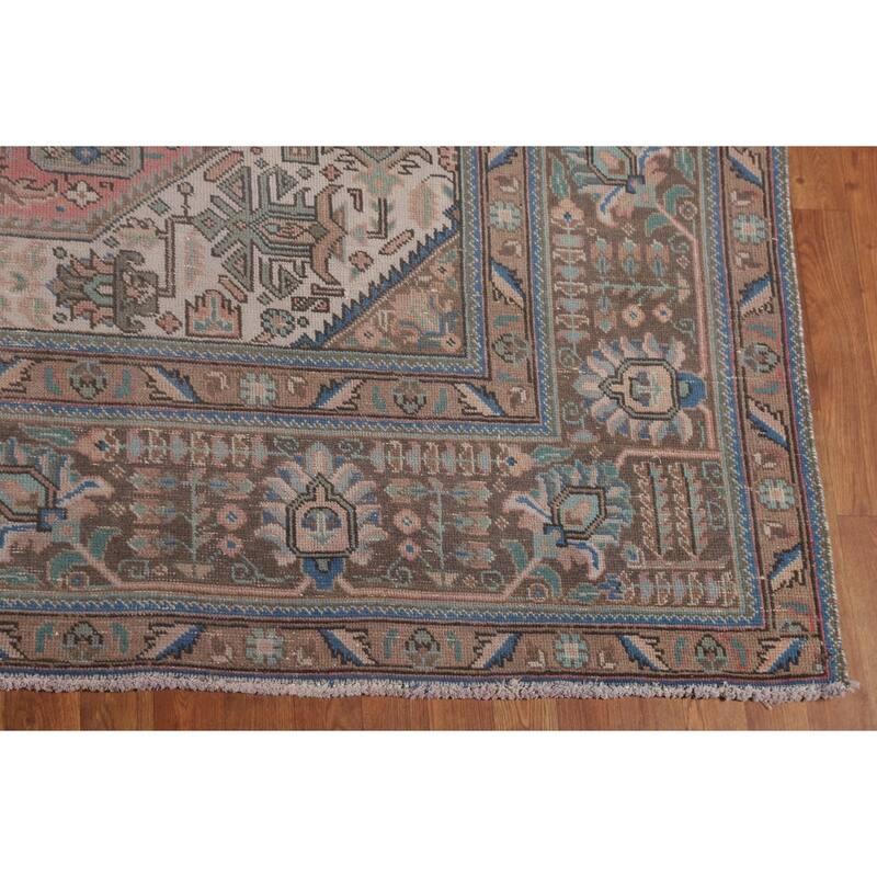 Pink Geometric Tabriz Persian Vintage Rug Hand-Knotted Wool Carpet - 9'6"x 12'4"