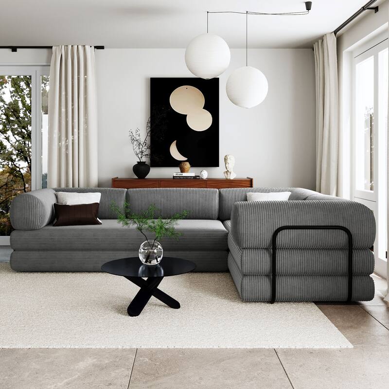 L-Shaped Modular Sofa Bed Corduroy Fabric Sleeper Sectional Couches Floor Chaise Lounge with L-shape Iron Frame Support