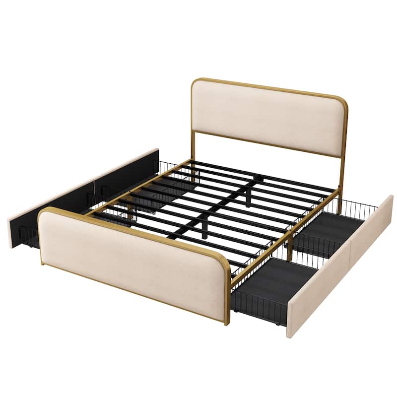 Linen Upholstered Bed Metal Platform Bed Frame with Storage Underneath, Safety Rounded Corners Design Headboard and Footboard