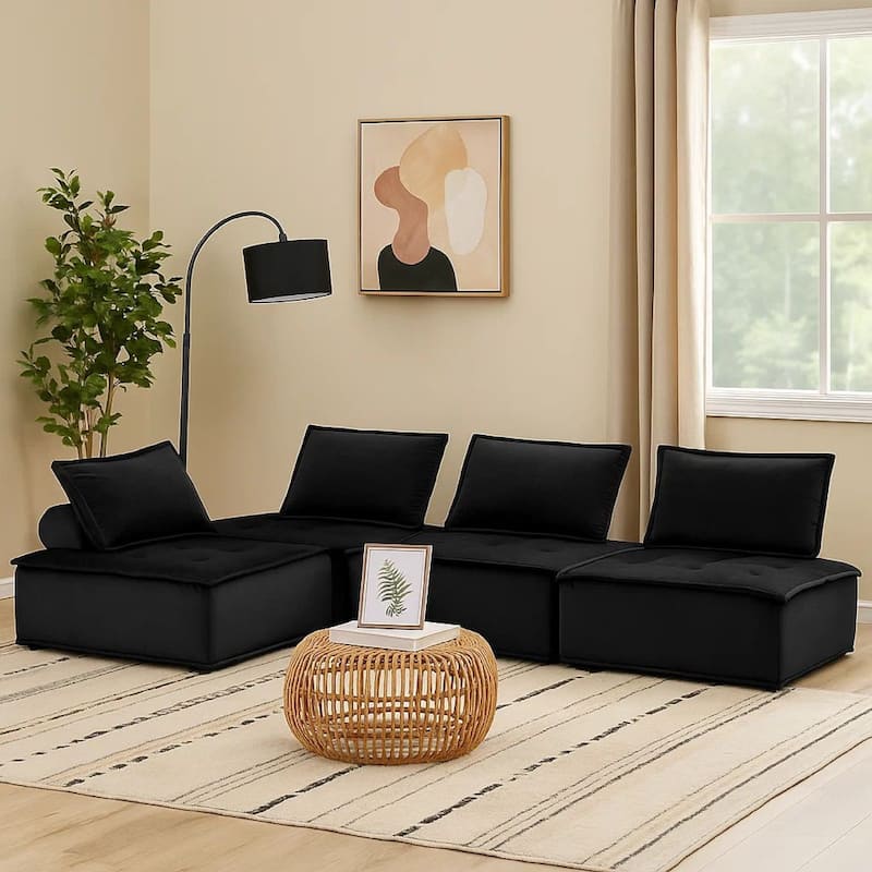Alaya 4pc Modular Sectional Sofa, Tufted Seats, Black Velvet Upholstery